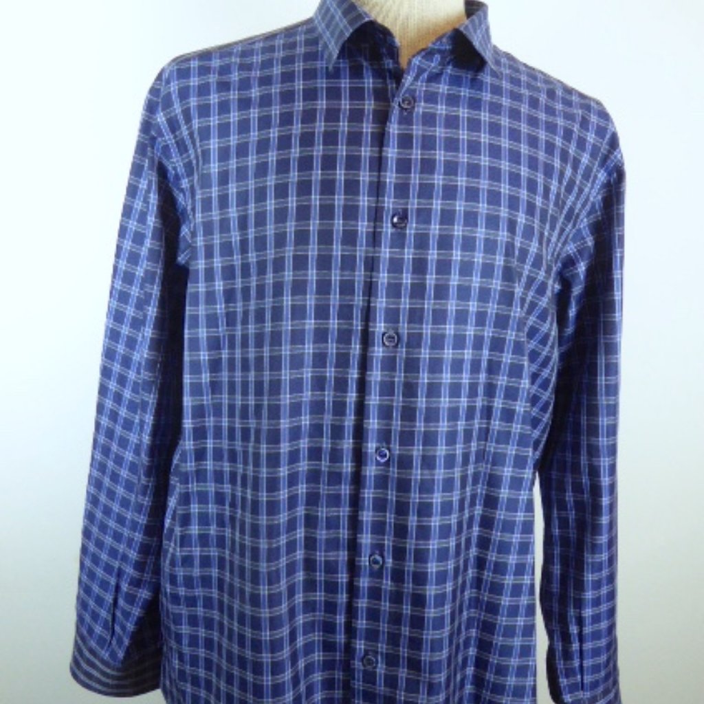 Brioni Italy Blue Plaid Cotton Shirt Business Casual 2xl